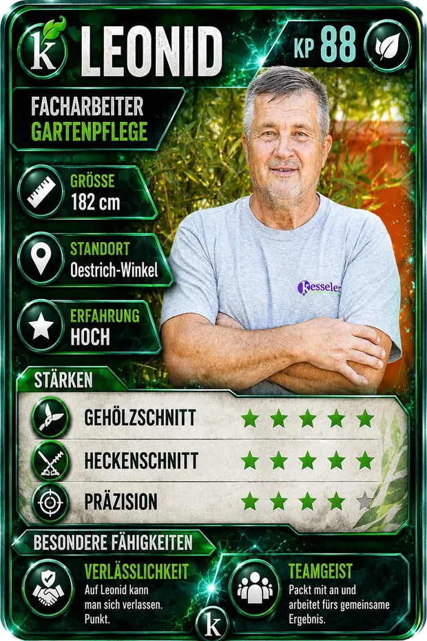 Sammelkarte von Leonid, Facharbeiter Gartenpflege: Gehölzschnitt, Heckenschnitt, Präzision