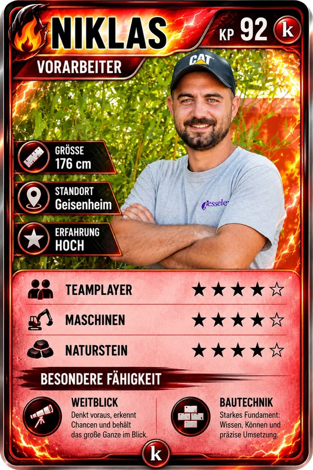 Sammelkarte von Niklas, Vorarbeiter: Teamplayer, Maschinen, Naturstein