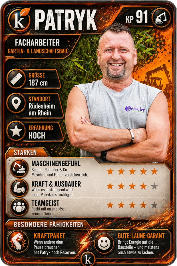 Sammelkarte von Patryk, Facharbeiter im Garten- und Landschaftsbau: Maschinengefühl, Kraft und Ausdauer, Teamgeist
